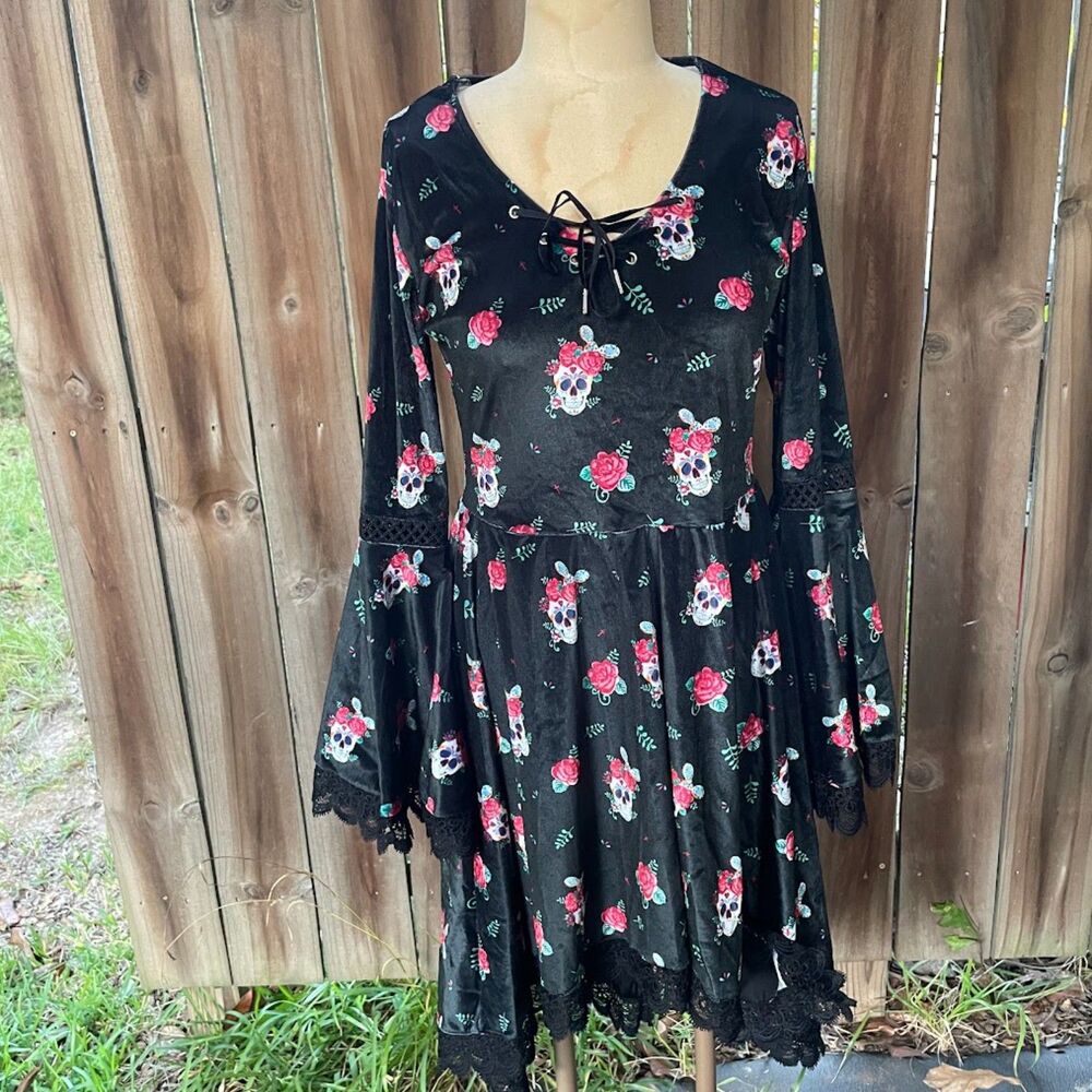DAY OF THE DEAD Sugar Skull Bell Sleeve HI LO Stretch Velvet DRESS L